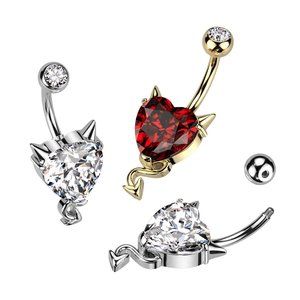 316L Surgical Steel CZ Heart With Devil Horns and Tail Belly Button Ring